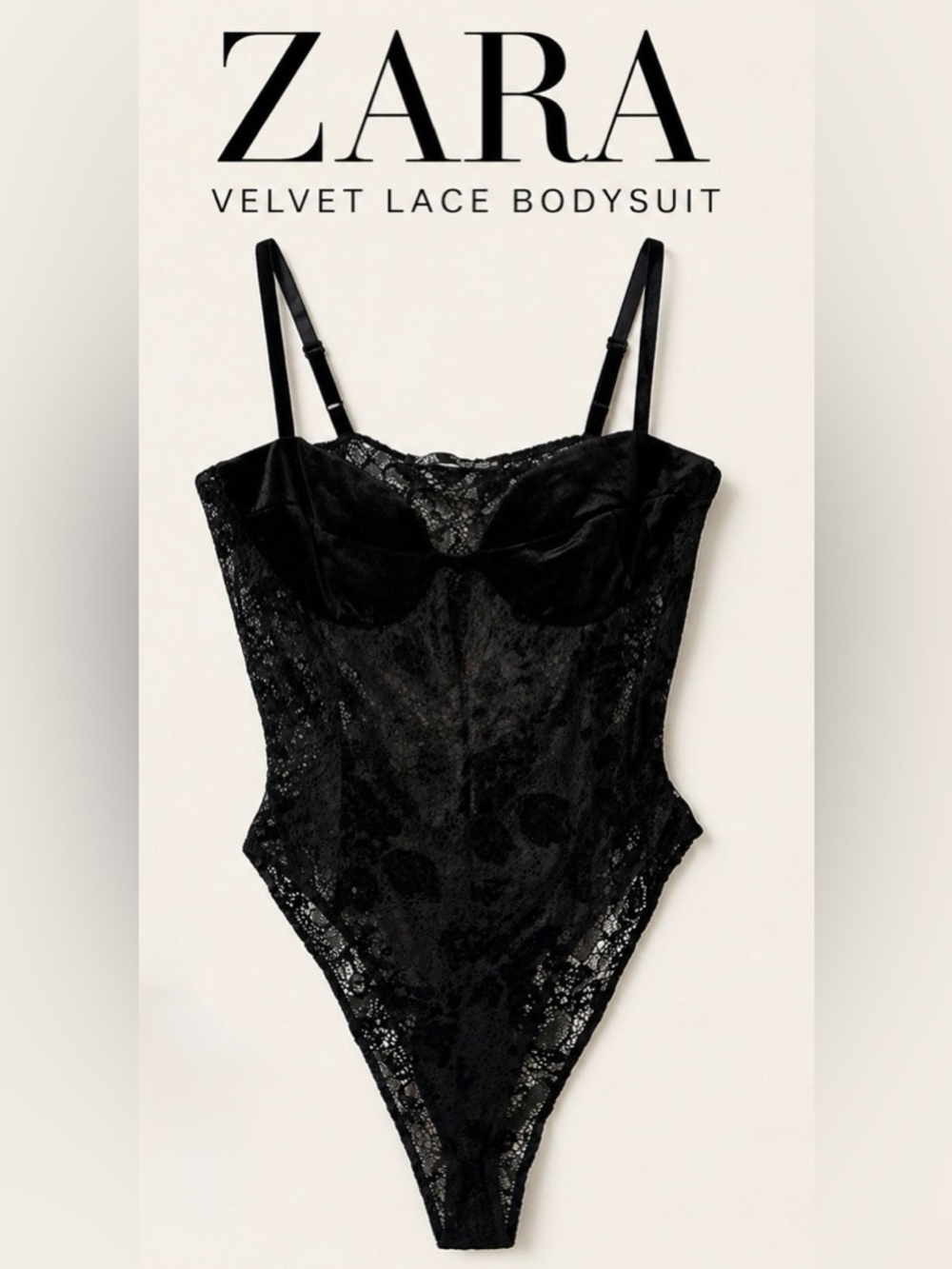 Zara Black Velvet Lace Bodysuit | Underwire Bustier | Side Zip | Size Medium NWT